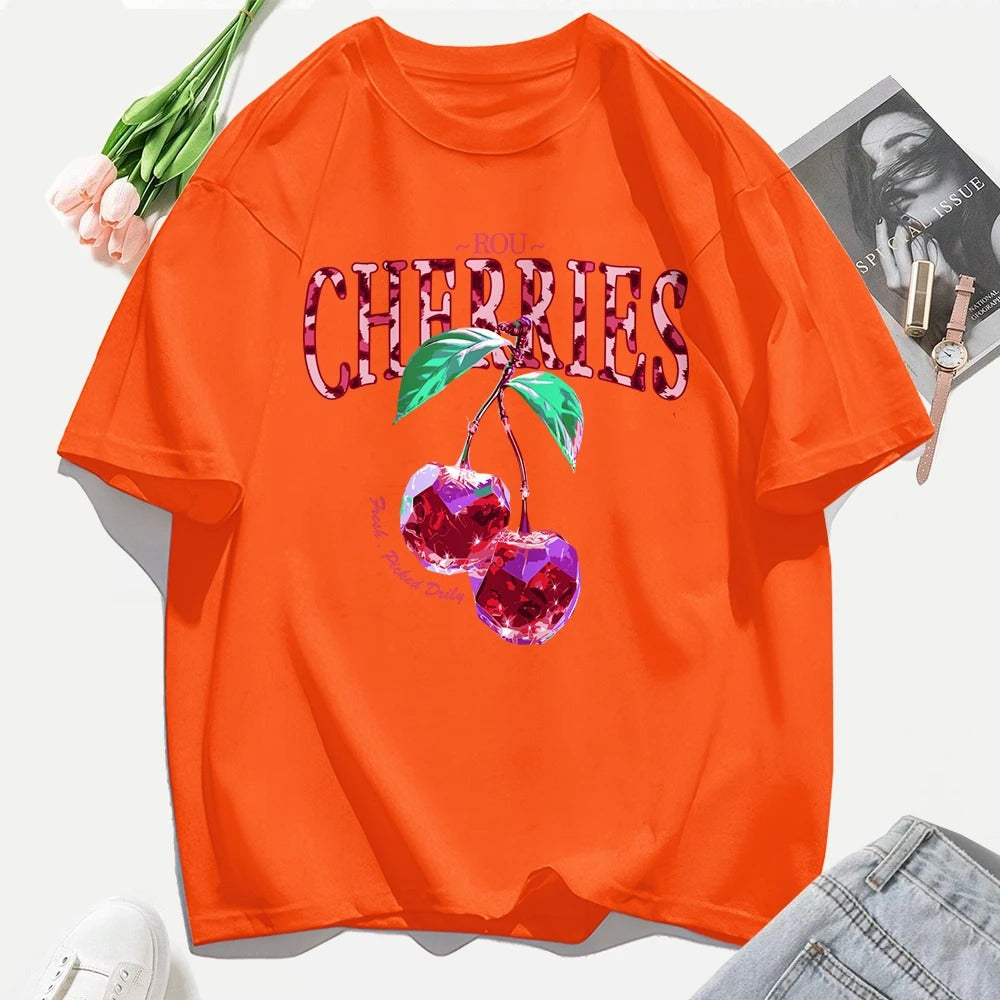 Crystal Cherries Graphic T-Shirt – Summer Oversized Cotton Tee for Women