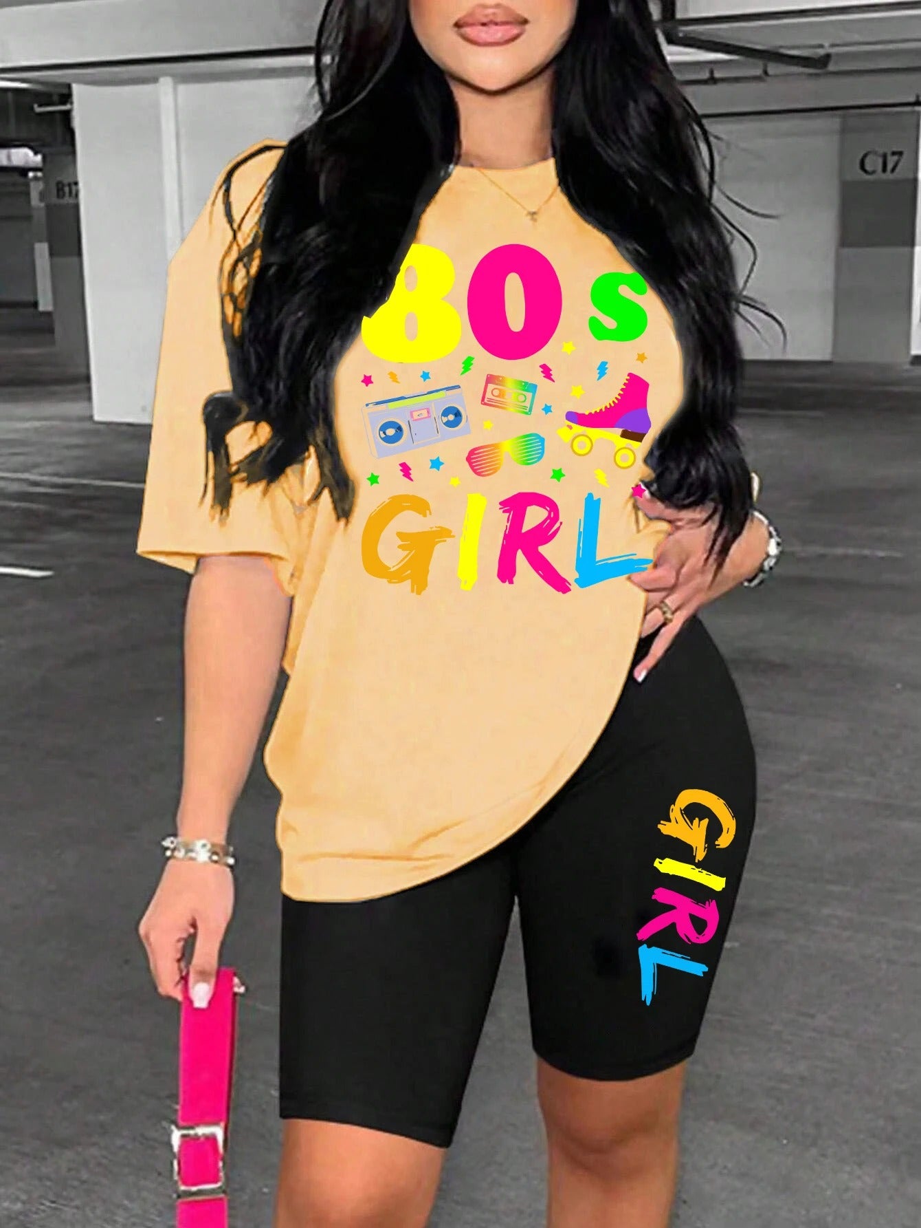 80s Girl Print Two-Piece Casual Set – T-Shirt & Shorts
