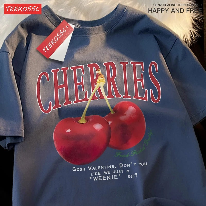 Cherries Graphic Tee – Funny Vintage-Style Loose T-Shirt for Women
