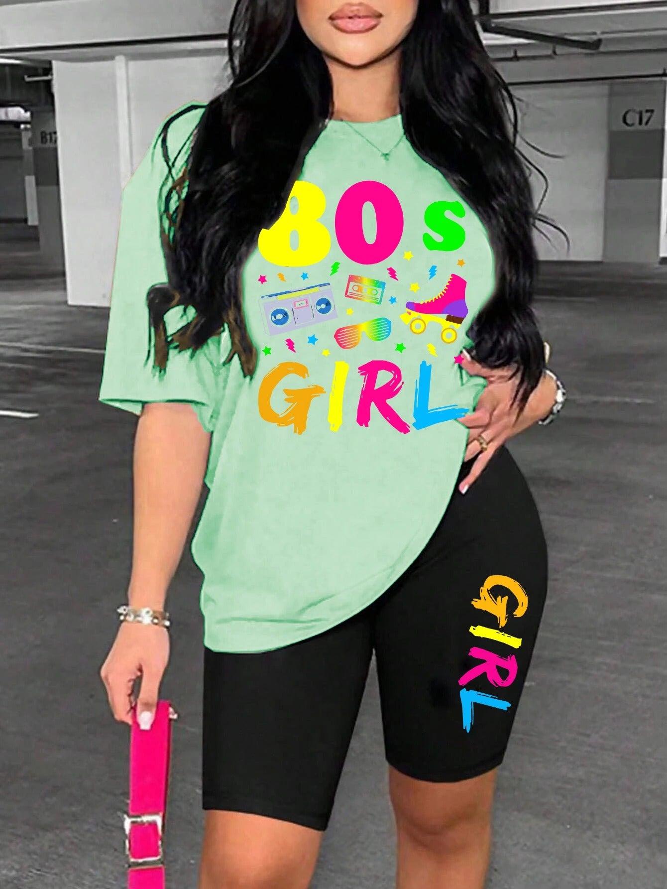 80s Girl Print Two-Piece Casual Set – T-Shirt & Shorts