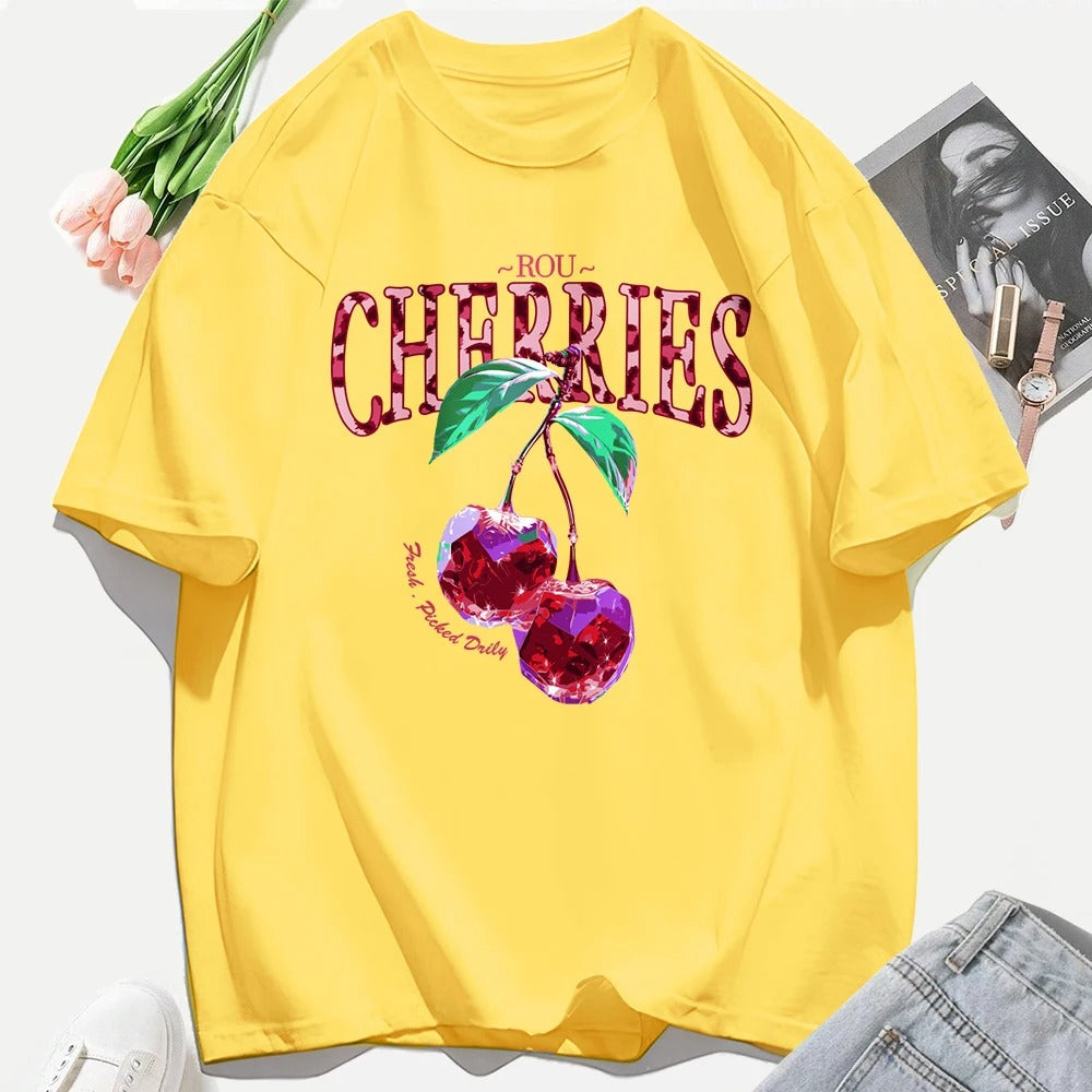 Crystal Cherries Graphic T-Shirt – Summer Oversized Cotton Tee for Women