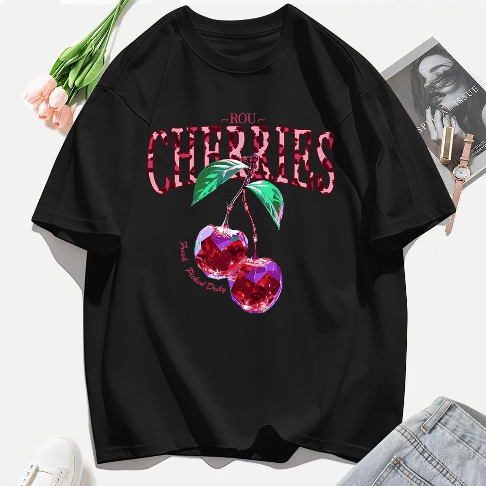 Crystal Cherries Graphic T-Shirt – Summer Oversized Cotton Tee for Women