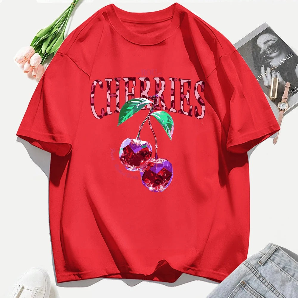 Crystal Cherries Graphic T-Shirt – Summer Oversized Cotton Tee for Women
