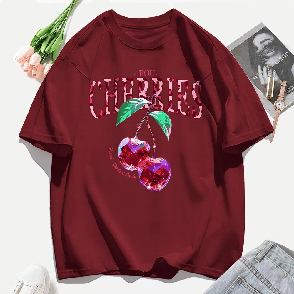 Crystal Cherries Graphic T-Shirt – Summer Oversized Cotton Tee for Women