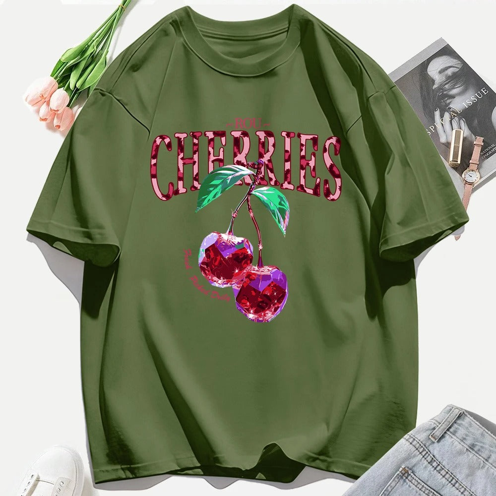 Crystal Cherries Graphic T-Shirt – Summer Oversized Cotton Tee for Women