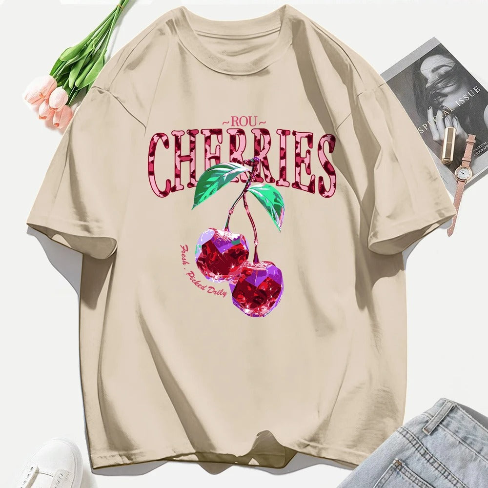 Crystal Cherries Graphic T-Shirt – Summer Oversized Cotton Tee for Women