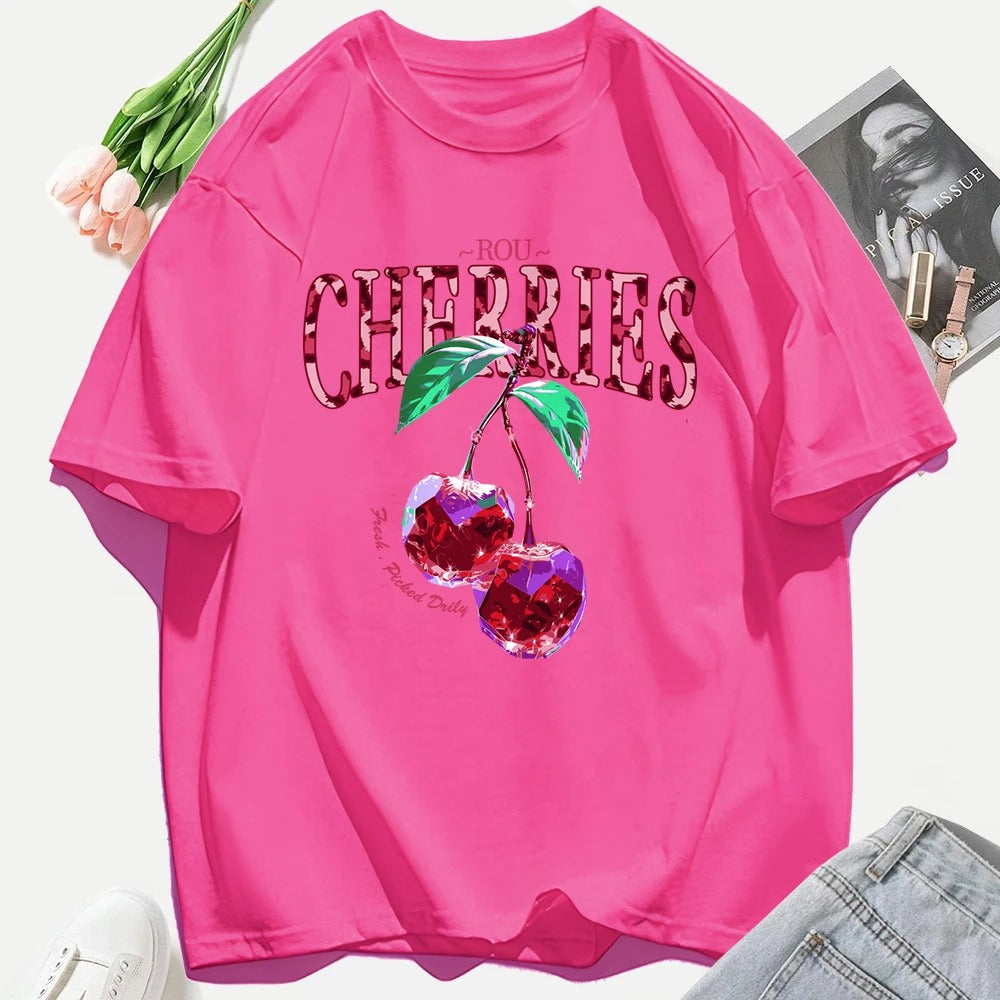 Crystal Cherries Graphic T-Shirt – Summer Oversized Cotton Tee for Women