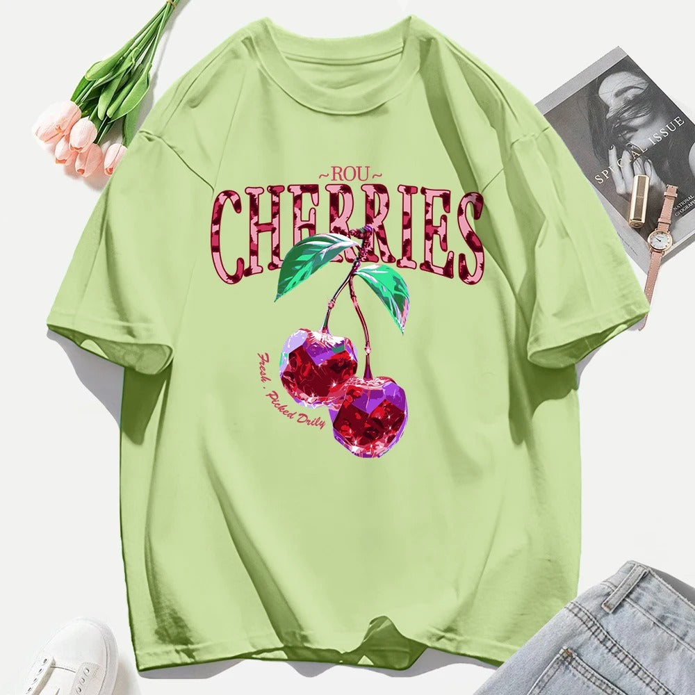 Crystal Cherries Graphic T-Shirt – Summer Oversized Cotton Tee for Women