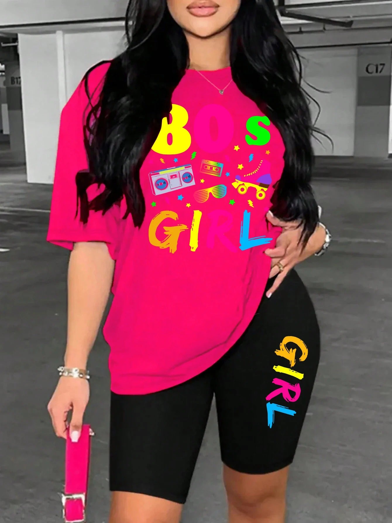 80s Girl Print Two-Piece Casual Set – T-Shirt & Shorts