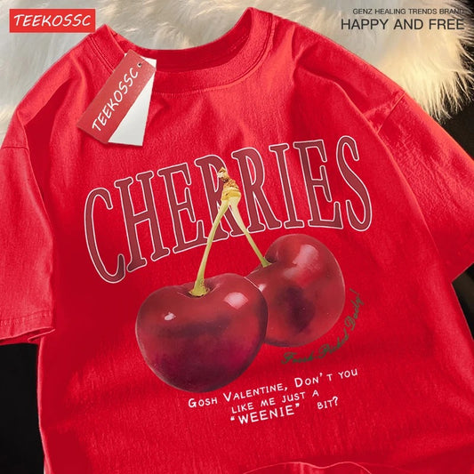 Cherries Graphic Tee – Funny Vintage-Style Loose T-Shirt for Women