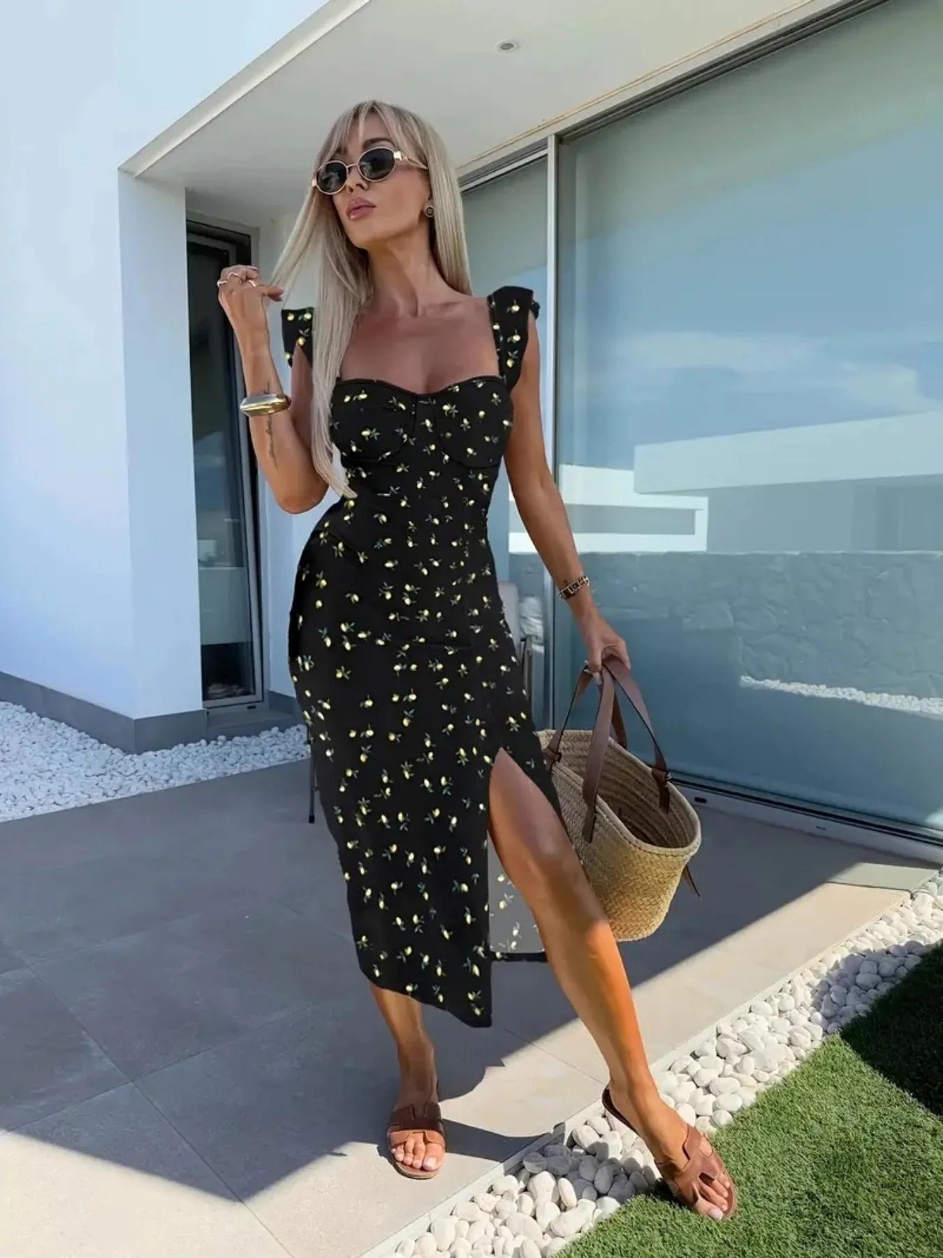 Elegant Summer Printed Midi Dress – Sleeveless Suspender Style with Slit, Women's Fashion Dress