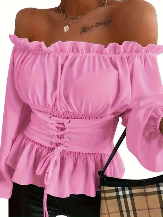 Plus Size Off-Shoulder Lace-Up Corset Blouse