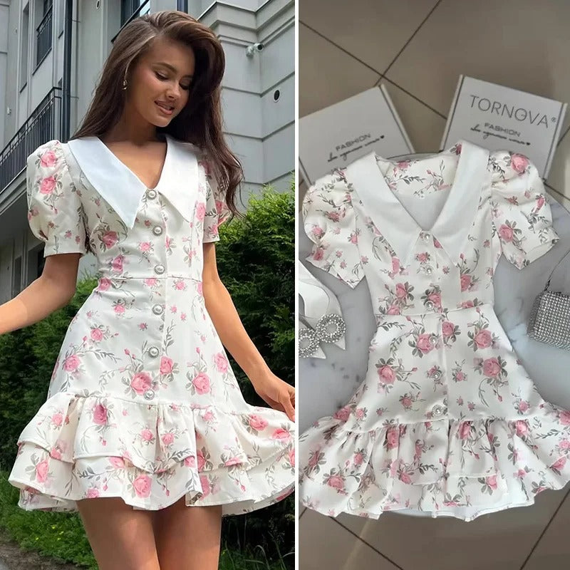 Chic Puff Sleeve Floral Dress with Statement Collar