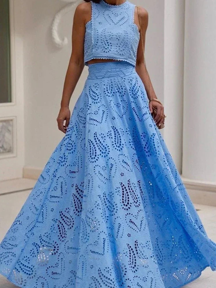 Elegant Hollow-Out Two-Piece Summer Set – Sleeveless Crop Top & High-Waist Maxi Skirt