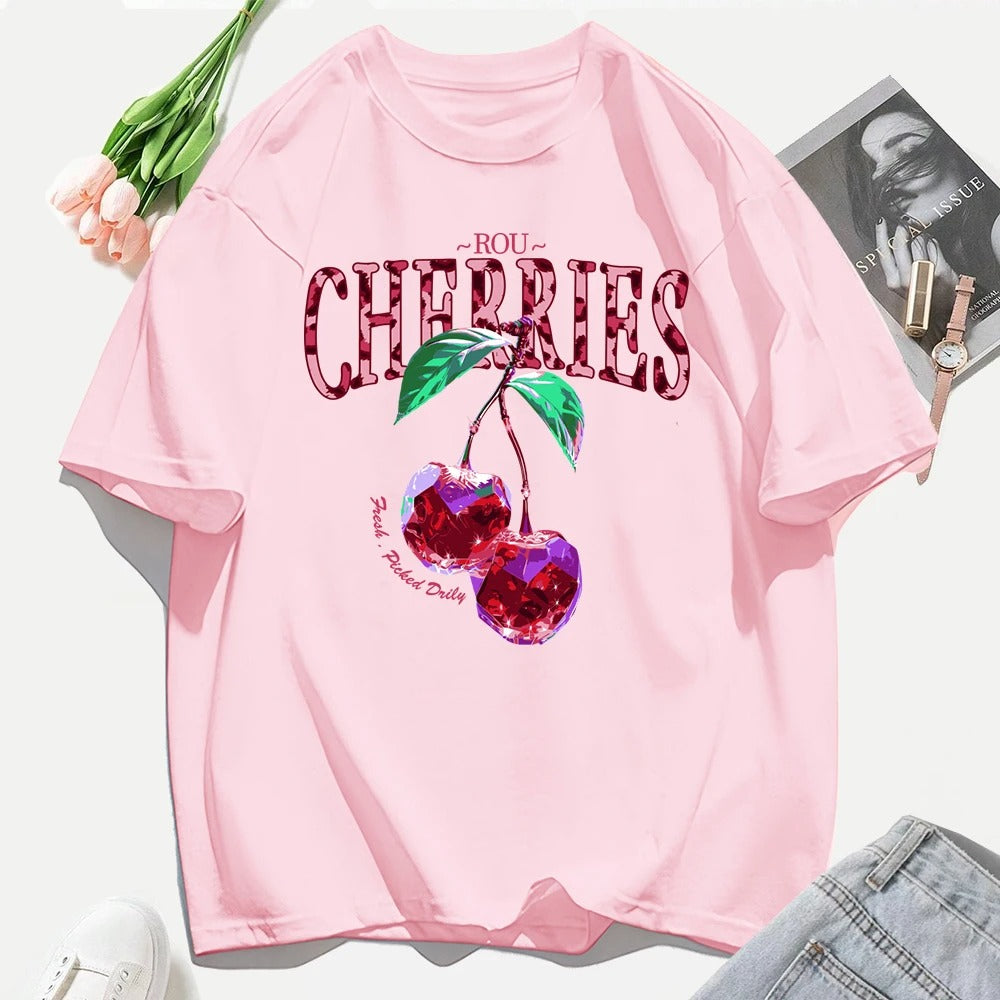 Crystal Cherries Graphic T-Shirt – Summer Oversized Cotton Tee for Women