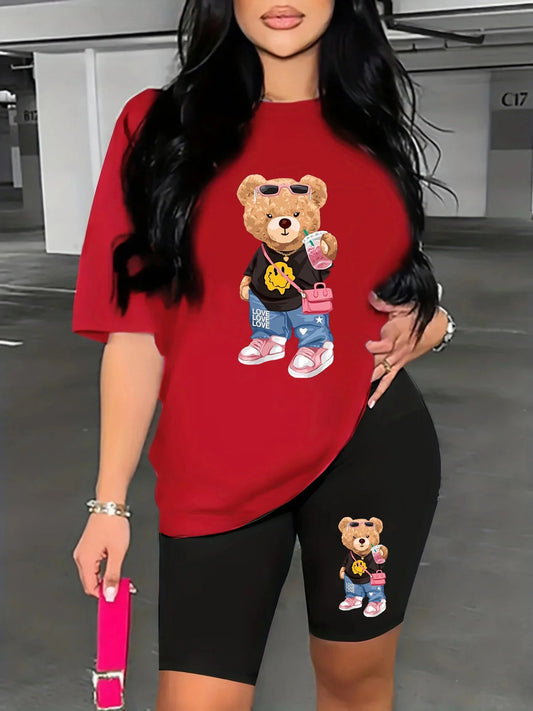 Casual Bear Print Summer Set – T-Shirt & Shorts