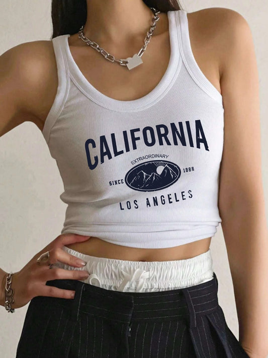 California Graphic Ribbed Crop Tank – Cotton & Viscose Summer Top