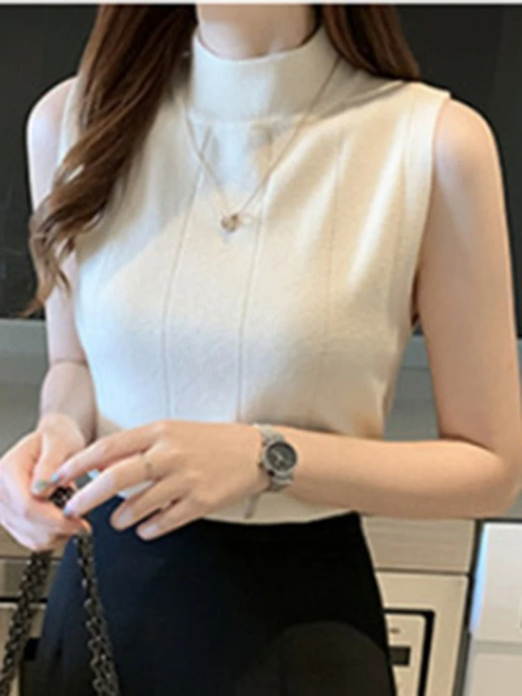 Chic Sleeveless Mock Neck Knit Top – Soft Cotton Blend
