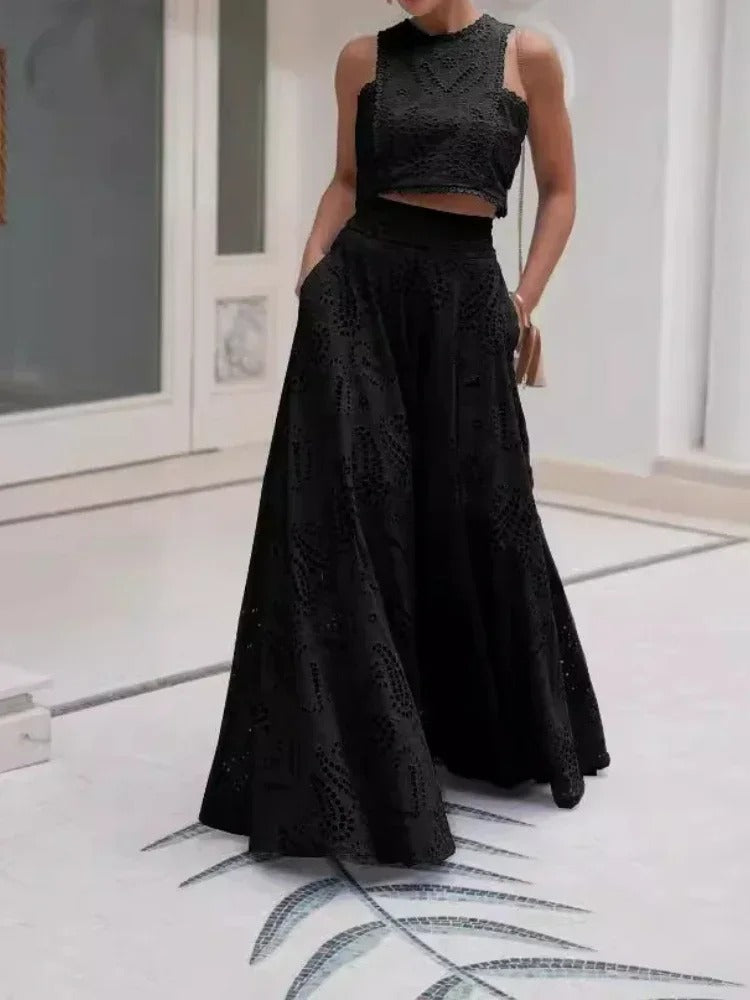 Elegant Hollow-Out Two-Piece Summer Set – Sleeveless Crop Top & High-Waist Maxi Skirt
