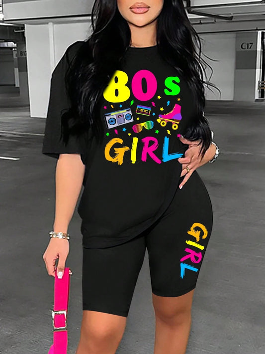 80s Girl Print Two-Piece Casual Set – T-Shirt & Shorts