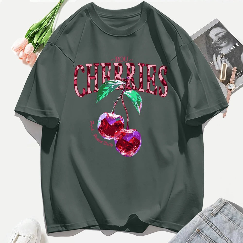 Crystal Cherries Graphic T-Shirt – Summer Oversized Cotton Tee for Women
