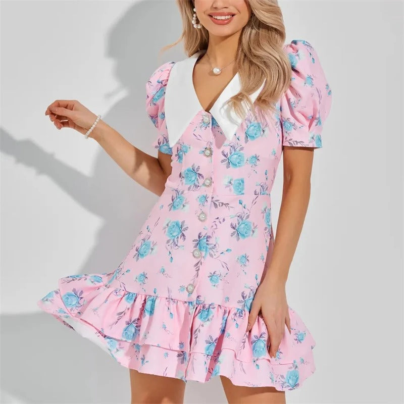 Chic Puff Sleeve Floral Dress with Statement Collar