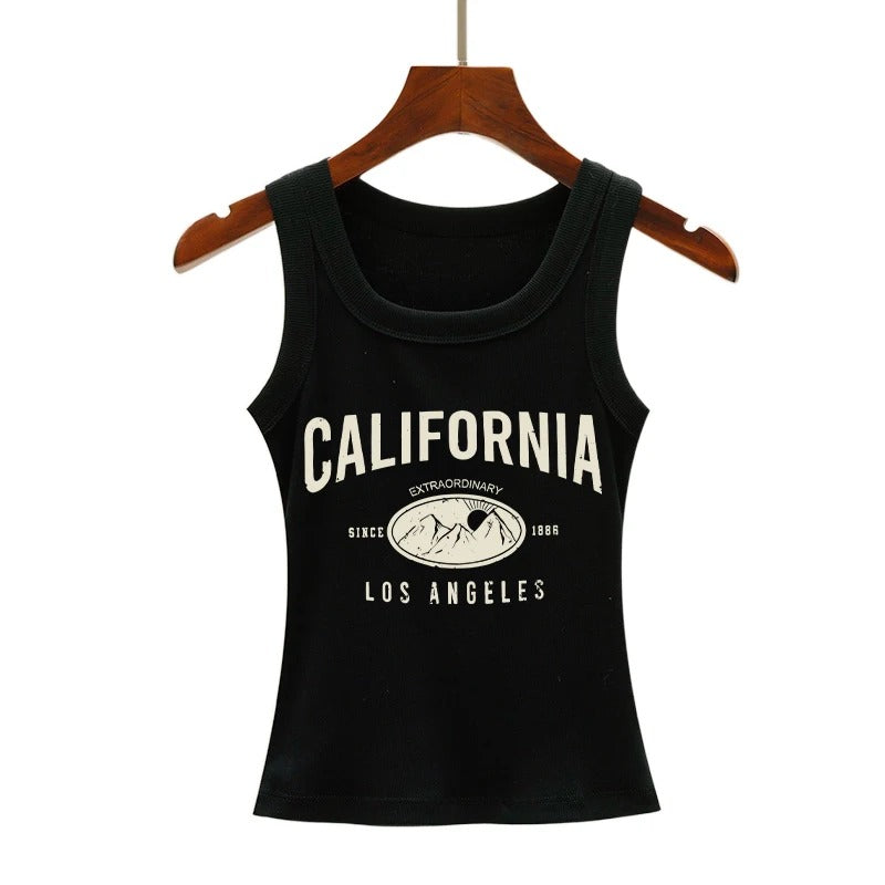 California Graphic Ribbed Crop Tank – Cotton & Viscose Summer Top