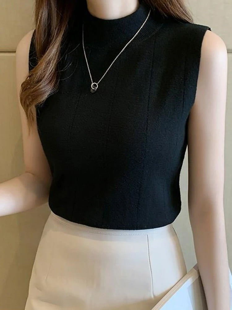 Chic Sleeveless Mock Neck Knit Top – Soft Cotton Blend
