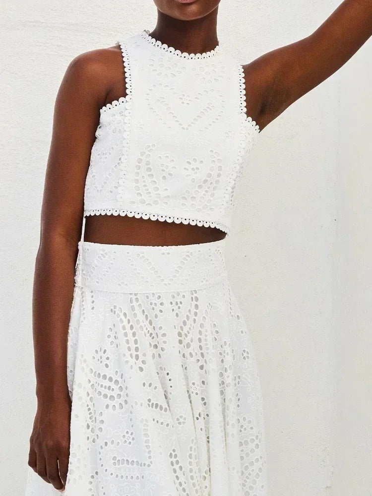 Elegant Hollow-Out Two-Piece Summer Set – Sleeveless Crop Top & High-Waist Maxi Skirt