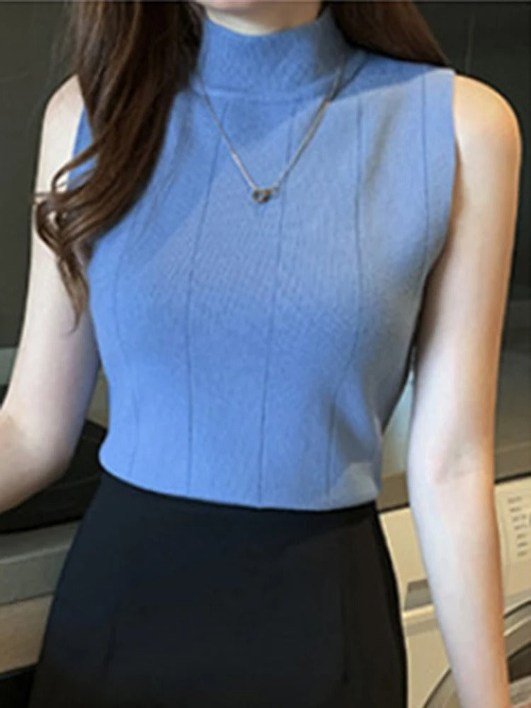 Chic Sleeveless Mock Neck Knit Top – Soft Cotton Blend