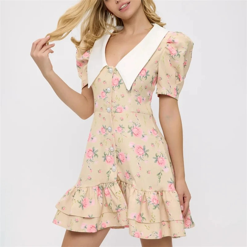 Chic Puff Sleeve Floral Dress with Statement Collar