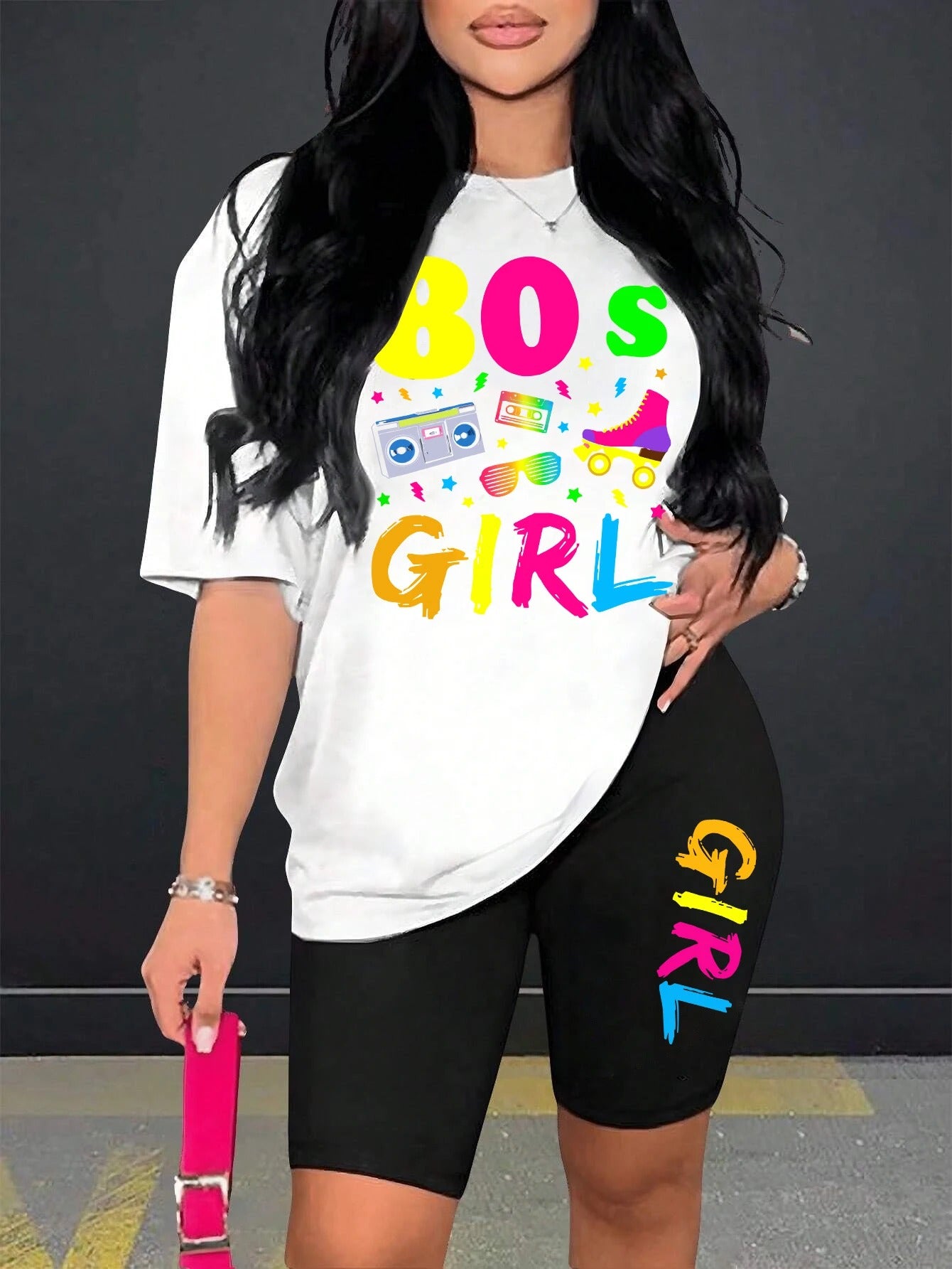 80s Girl Print Two-Piece Casual Set – T-Shirt & Shorts