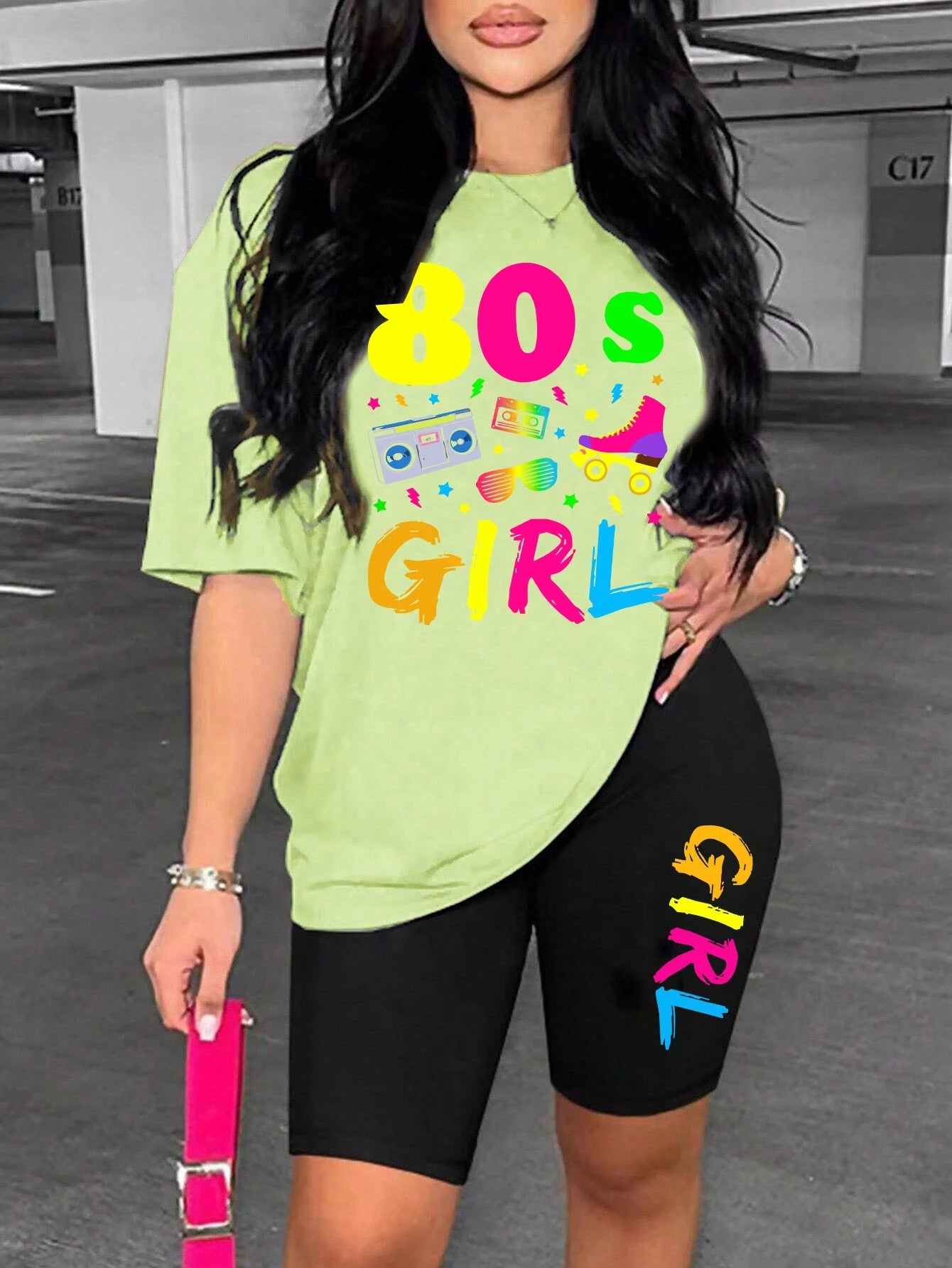 80s Girl Print Two-Piece Casual Set – T-Shirt & Shorts