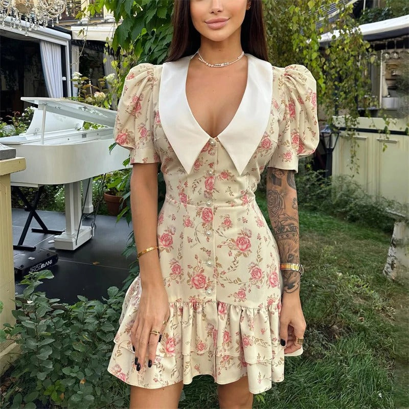 Chic Puff Sleeve Floral Dress with Statement Collar