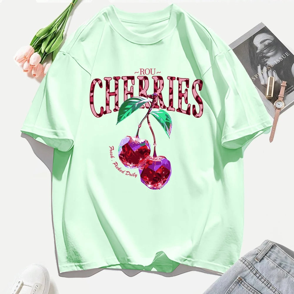 Crystal Cherries Graphic T-Shirt – Summer Oversized Cotton Tee for Women