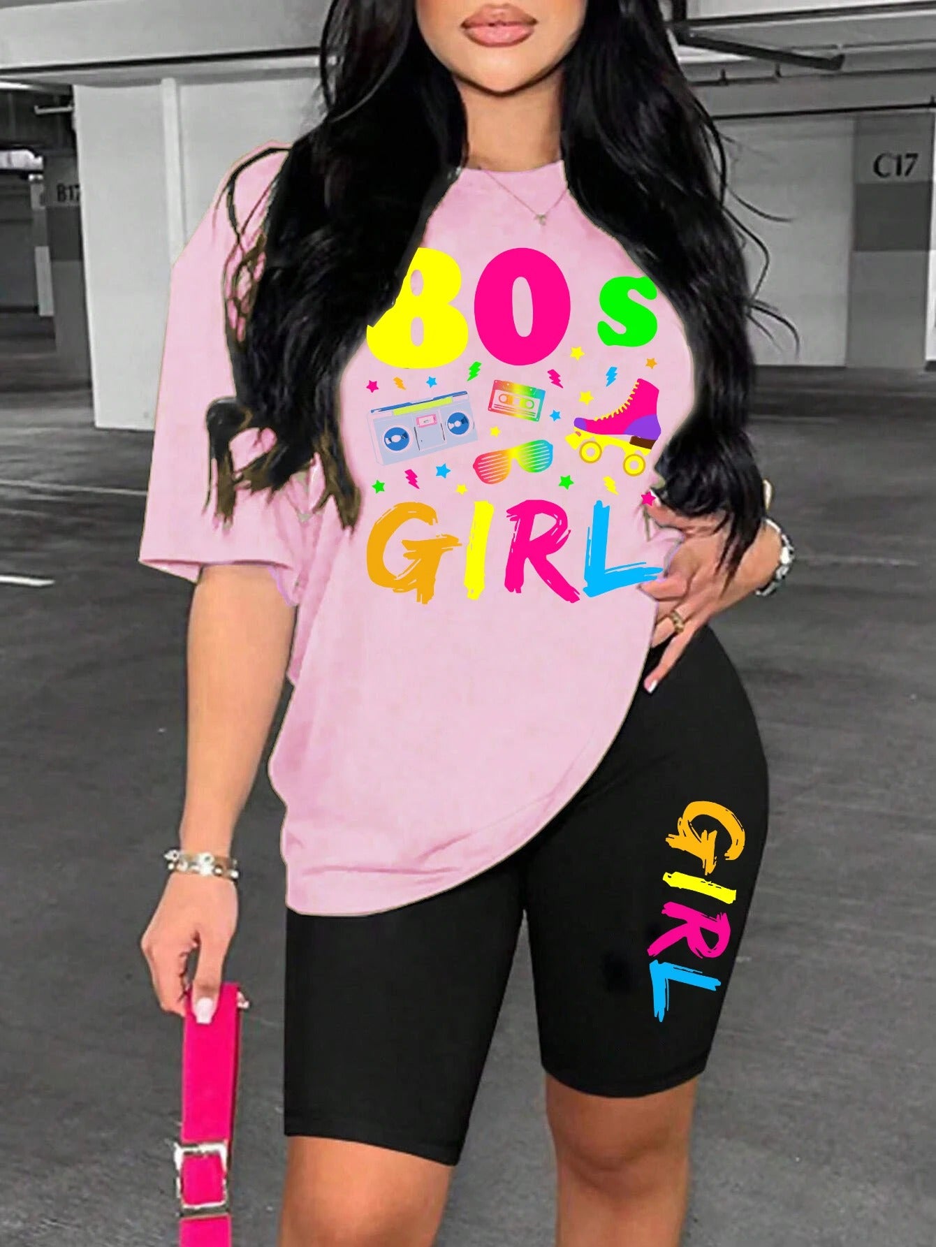 80s Girl Print Two-Piece Casual Set – T-Shirt & Shorts