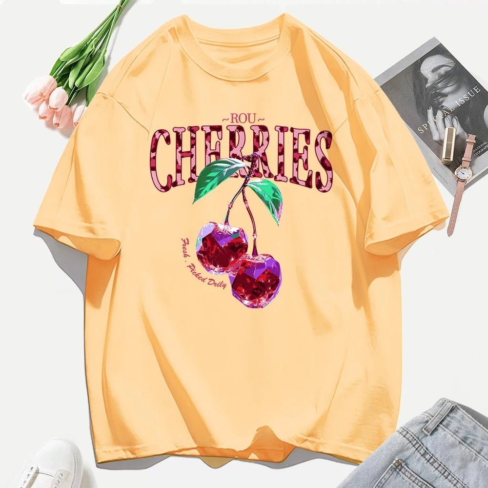 Crystal Cherries Graphic T-Shirt – Summer Oversized Cotton Tee for Women