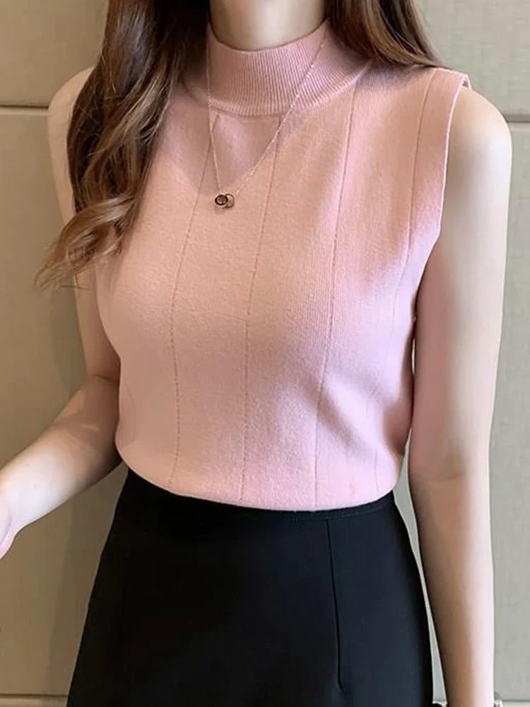 Chic Sleeveless Mock Neck Knit Top – Soft Cotton Blend