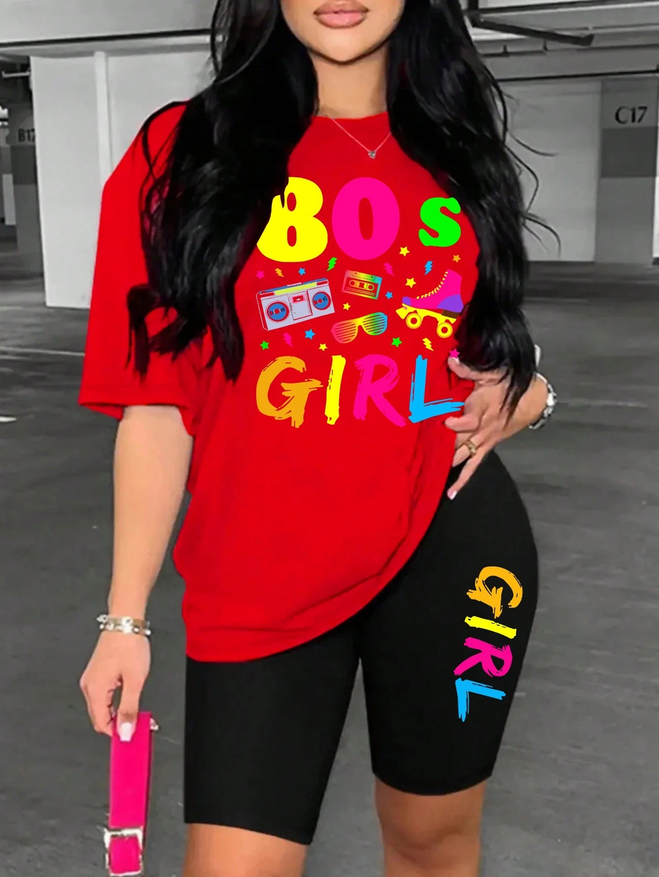 80s Girl Print Two-Piece Casual Set – T-Shirt & Shorts