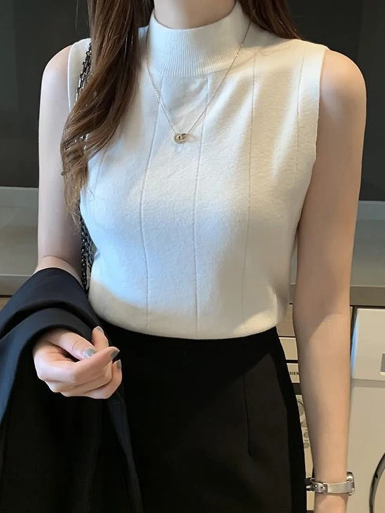 Chic Sleeveless Mock Neck Knit Top – Soft Cotton Blend