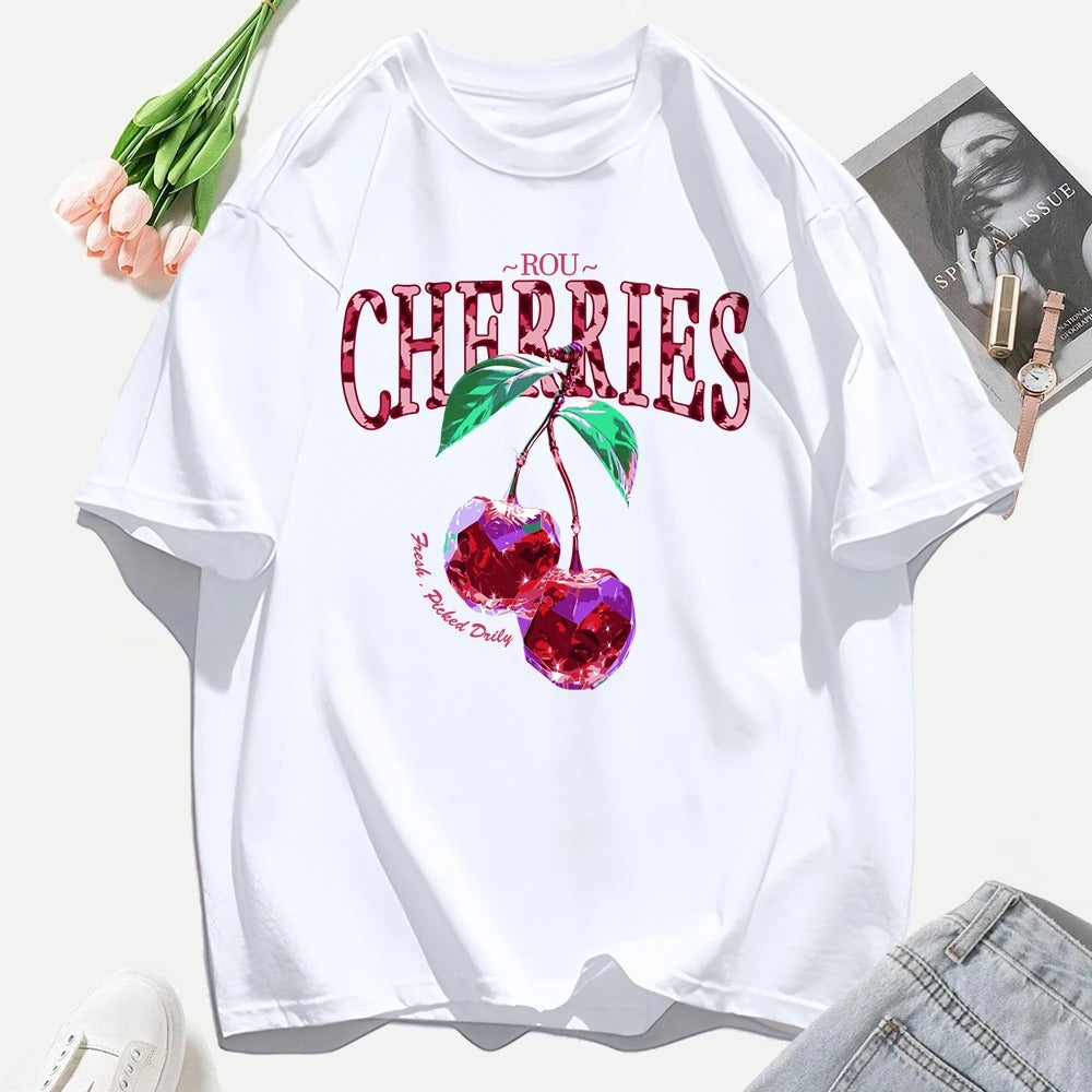 Crystal Cherries Graphic T-Shirt – Summer Oversized Cotton Tee for Women