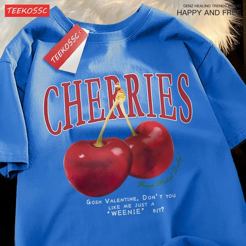 Cherries Graphic Tee – Funny Vintage-Style Loose T-Shirt for Women