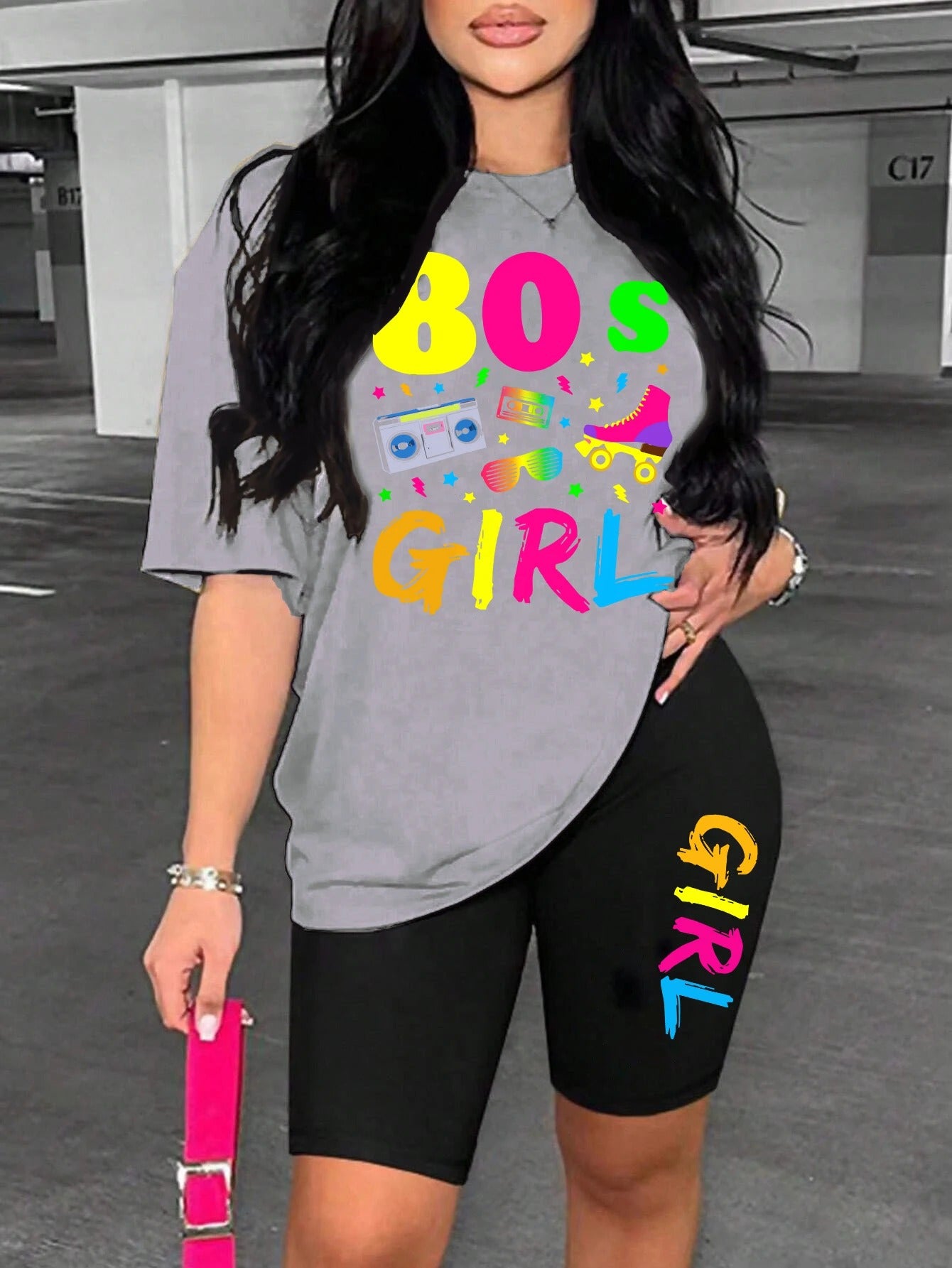 80s Girl Print Two-Piece Casual Set – T-Shirt & Shorts