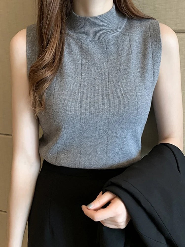 Chic Sleeveless Mock Neck Knit Top – Soft Cotton Blend