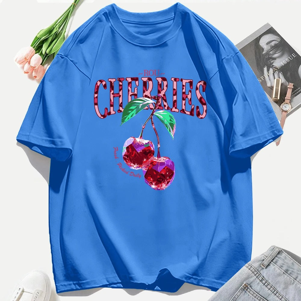 Crystal Cherries Graphic T-Shirt – Summer Oversized Cotton Tee for Women